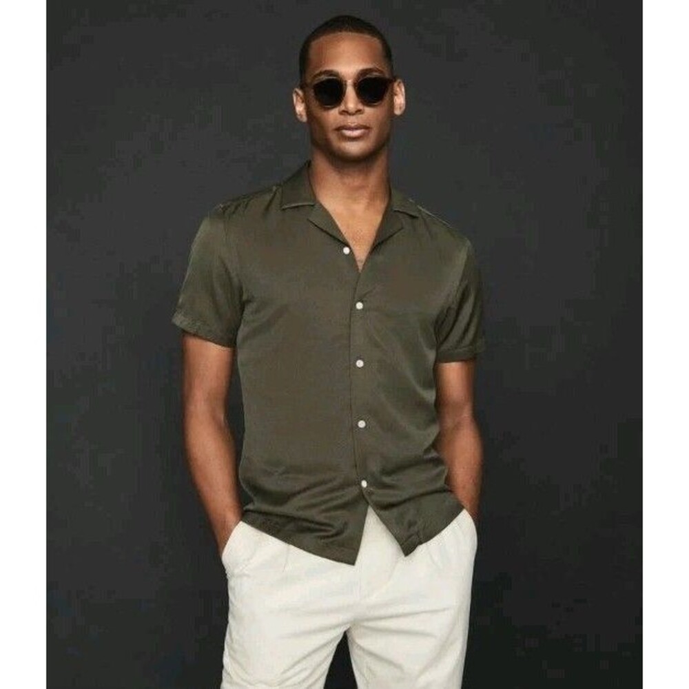 Nwt REISS Mens Cuban Collar SS Shirt Designer Textured Oxidized Green Sz XXL